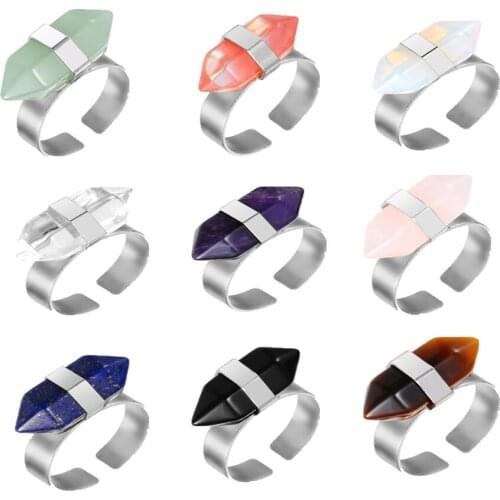 Natural stone hexagonal amethyst pink crystal bullet stone ring opal ring aquamarine ring adjustable purple moonstone turquoise