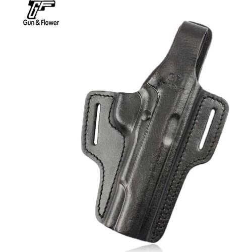 Gun&Flower Colt 1911 2 Slot Leather Holster Thumb Release Tactical Hunting Leather Pistol Carrier Pouch with Belt Clip