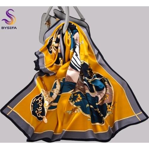 BYSIFA|Chinese knot Grey Yellow Pure Silk Square Scarves Wraps Female Fashion Brand 100% Silk Scarf Shawl Winter Scarves Hijabs