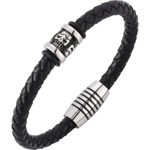 Trendy Men Jewelry Punk Skeleton Skull Bracelet Black Leather Rope Braided Bracelet Men Magnetic Clasps Male Wrist Band SP0199