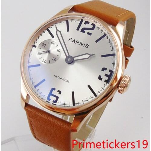 PARNIS 46.5mm mechanical men watch hand winding ST 3600 movement rose golden plated case leather band