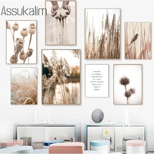 Natural Poster Bird Prints Dried Flower Posters Plant Reed Canvas Painting Hand Sand Print Nordic Wall Picture Living Room Decor