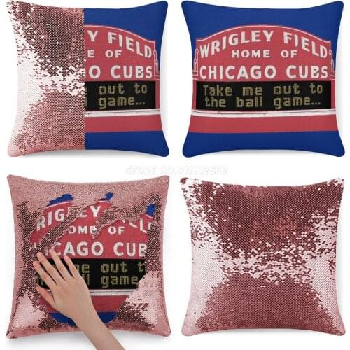 Take Me Out to The Ball Game , Wrigley Field Sequin Pillowcase Cafe Home Decor Color Changing Pillowcase Wrigley Field Baseball