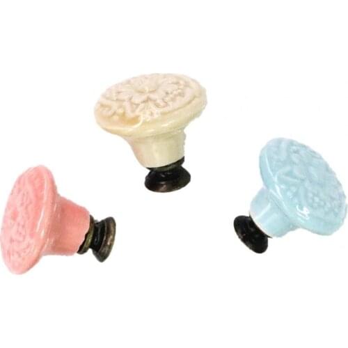 New Style Retro Embossed Flower Ceramic Single Hole Drawer Cabinet Wardrobe Pull Handle Home Room Cupboard Supplies Decor