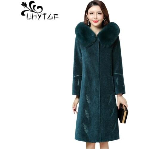 UHYTGF Quality sheep sheared winter fur coat Women fashion fox fur hooded casual fur coats embroidery elegant plus size tops 507