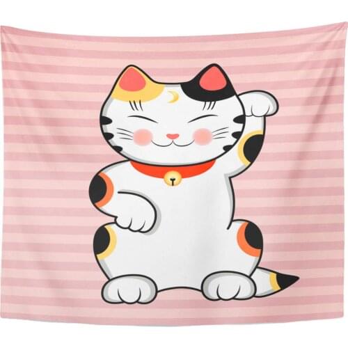 Oriental Pink Japanese Maneki Neko Cat Wishes Good Luck Lucky Animal Asia Tapestry Home Decor Wall Hanging for Living Room Bed