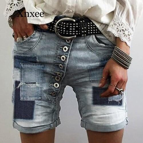 Punk denim shorts Womens Casual Spliced Jeans Shorts summer Women Floral Denim Short Plus Size 5XL Streetwear Pocket hip pop
