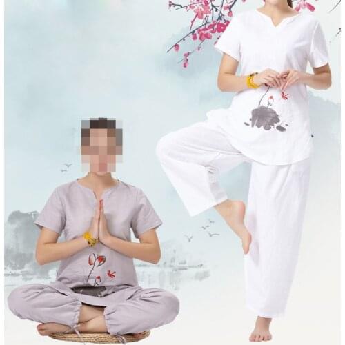 Top quality cotton&linen Summer&Spring female Printed yoga suits lay clothing women Meditation uniforms gray/white