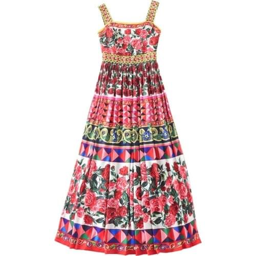 2021 Summer Runway Designer Bohemian Long Dress Womens High Quality Sleeveless Print Spaghetti Strap Dress Elegant vestidos