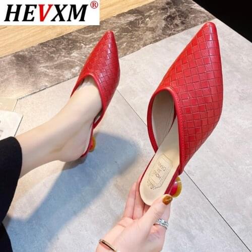 2020 New Slippers Women Shoes Pointed Toe Low Heel Mule Shoes Fahion Weave Slides Thin Heel Wedding Shoe For Party Zapatos Mujer