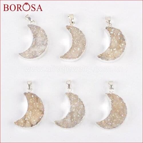 BOROSA Silver Plated Druzy Moon Pendant for Women Necklace Fashion Titanium AB Natural Agates Drusy Charms Jewelry Gifts S0388