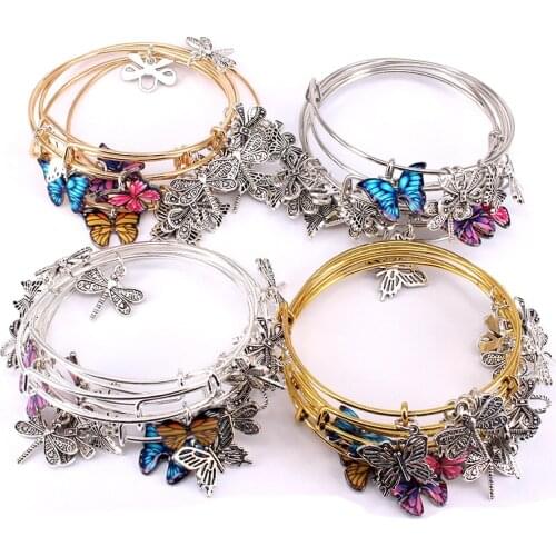 5pcs Bangle Set Wire Bracelets for Women Girls Jewllery Butterfly Dragonfly Bow Charms Bangles Cuff Jewlery C044