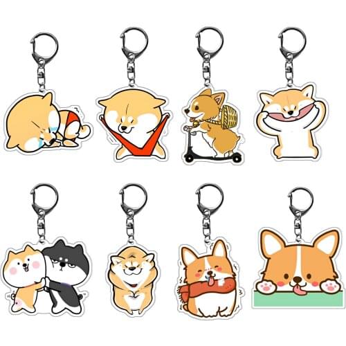 Japanese Dog Shiba Inu Keychain Car Key Chain Pet Welsh Corgi Dogs Cartoon Print Acrylic Figure Key Ring Holder Gift for Friends