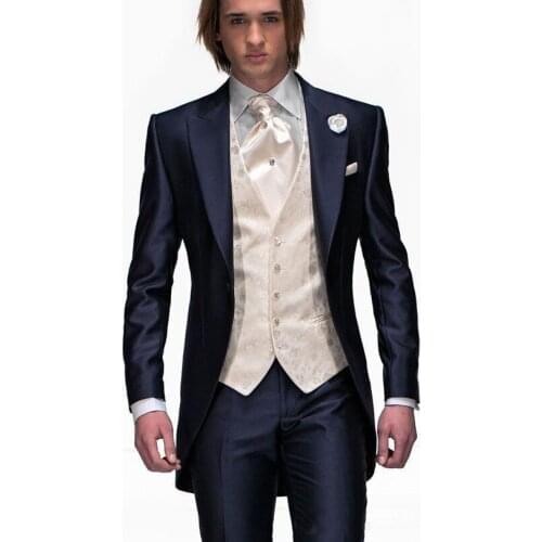 HOT Peak Lapel Royal Blue Tailcoat Slim Fit Groom Tuxedos Mens Wedding Suits Prom Clothing men suit (Jacket+pants+tie+vest)
