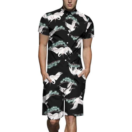 Summer Men Fashion Design Romper Red-Crowned Crane Print Playsuit Male Short Sleeve Beach Sets Casual Jumpsuit Overalls US Size