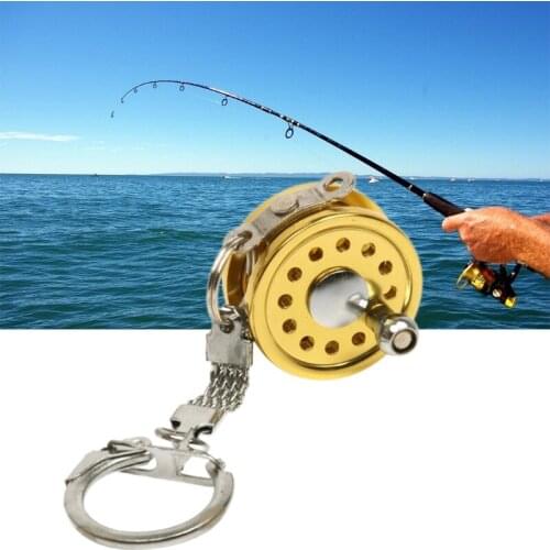 Mini Fly Fishing Reel Keychain Aluminum Alloy Golden Keyring Fishing Tool Gift for Fathers Day High Quality and Brand New