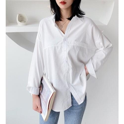 Minimalist Loose White Shirts For Women Turn-down Collar Solid Female Long Sleeve Shirts Tops 2021 Fall Pockets Blouses T014