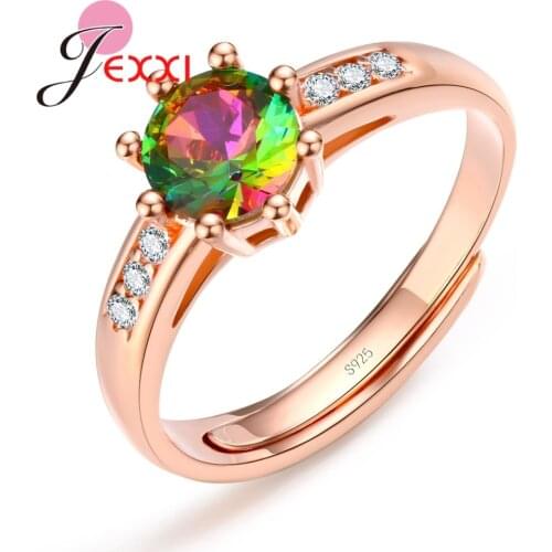 Trendy Rose Gold Wedding Finger Rings Prong Setting High Quality Rainbow Crystal For Women Bridal Engagement Jewelry