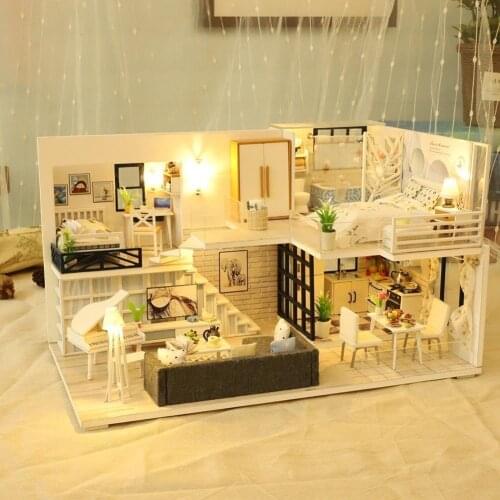 DIY Assemble Wooden House Dollhouse Kit Wooden Miniature Dolls Houses Miniature Dollhouse Toys With Furniture LED Lights Gift