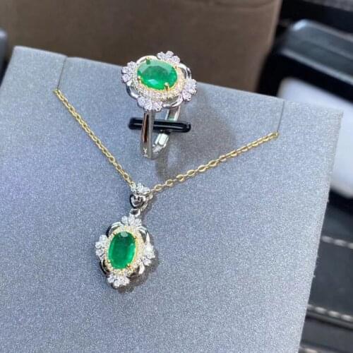 Best Gift Natural Real Emerald jewelry set Natural Real Emerald 925 sterling silver 1pc Emerald pendant,1pc Emerald ring