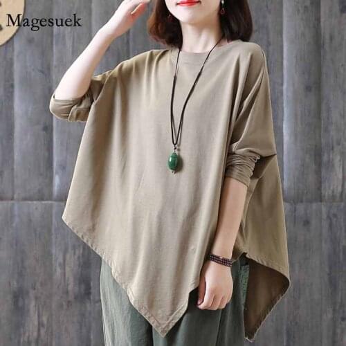 New Autumn Korean Plus Size Wild Thin Irregular T-shirt Women Loose Bat Sleeve Solid Casual Top Blouse Asymmetry Shirt 12740