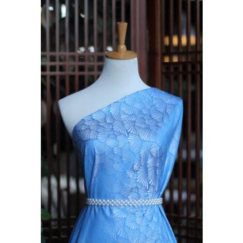 New song brocade cheongsam Chinese style clothing 100% mulberry silk yarn dyed jacquard leaf blue