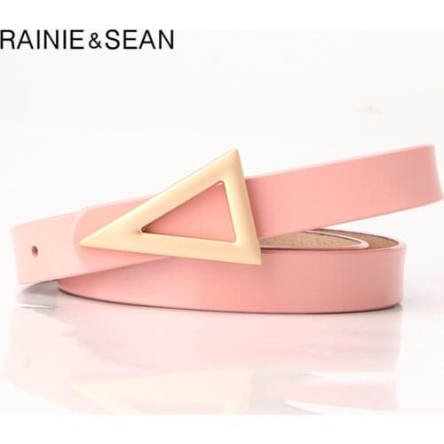 RAINIE SEAN Genuine Leather Women Belt Pink Cowskin Waist Belt Thin High Quality Triangle Buckle Belts for Women Accessories