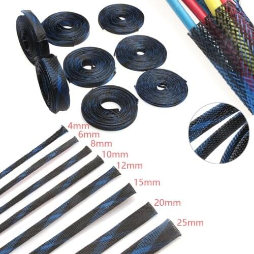 Blue&Black Insulation Braided Sleeving 4/6/8/10/12/15/20/25mm Tight PET Expandable Cable Sleeves Wire Gland Cables Protection