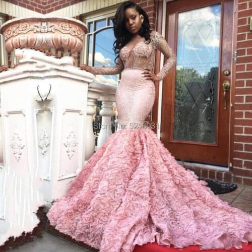 Gorgeous Pink Long Sleeves Prom Dresses Sexy See Through Open Back Mermaid Evening Gowns South African Formal Party Dresses W005