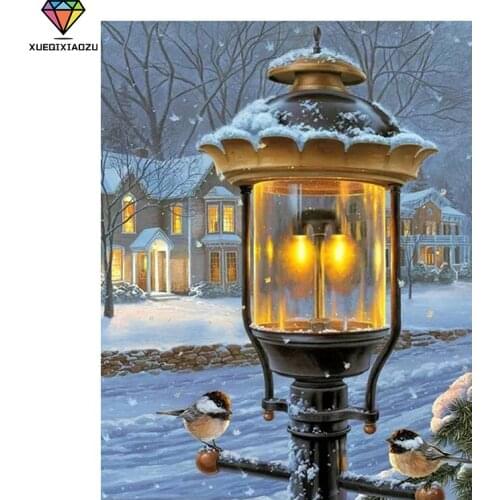 XUEQIXIAOZU 5D DIY Painting Full Round Diamond Lamp In Snow Winter Picture Cross Stitch Mosaic Picture Rhinestones Embroidery