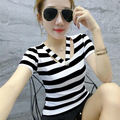 YTNMYOP Women Summer T-shirt Striped Tops Short Sleeve Plus Size S-4XL V-neck T shirt Female