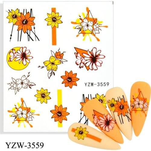 WUF Yellow Flowers Green Leaves Cherry Nail Stickers Set Face Image Butterfly Fruit Decals Sliders Manicures Decoration