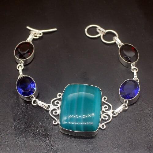 Elegant BotswanaAgate BlueTopaz Garnet Silver Color Charms Links Bracelets For Women 8.5 Inch HD754