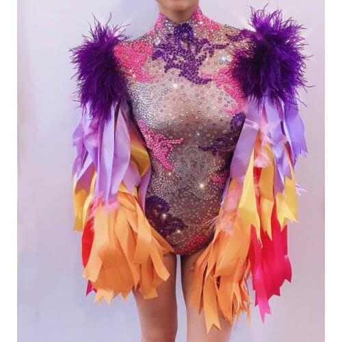 Multi-color Rhinestones Ribbon Fringes Bodysuit Birthday Celebrate Prom Outfit Bar Women Singer Dancer Costume Outfit