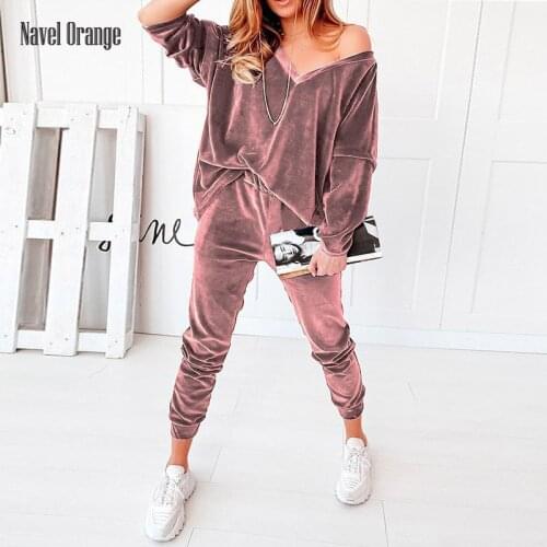 Autumn Women New Casual V Neck Two Piece Suits Loose Off Shoulder Blouse Mid Waist Pants Set Pullover Long Sleeve Matching Set