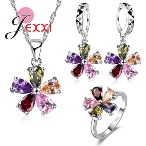 Colorful Water Drop Cubic Zirconia Crystal Bridal Wedding Set For Woman 925 Sterling Silver Earring Necklace Rings Sets