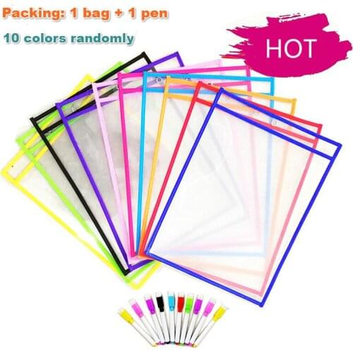 1Lot (1Bag+1Pen) Can Be Reused With PVC Transparent Dry Brush Bag PET Writing Dry Wipe Bag Drawing Toy For Children Adult