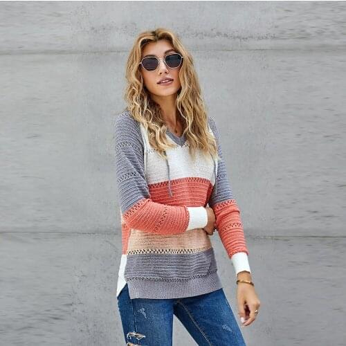 2020 Fashion Autumn Casual Long Sleeve Round Neck Knits Stripe Pullover Sweater