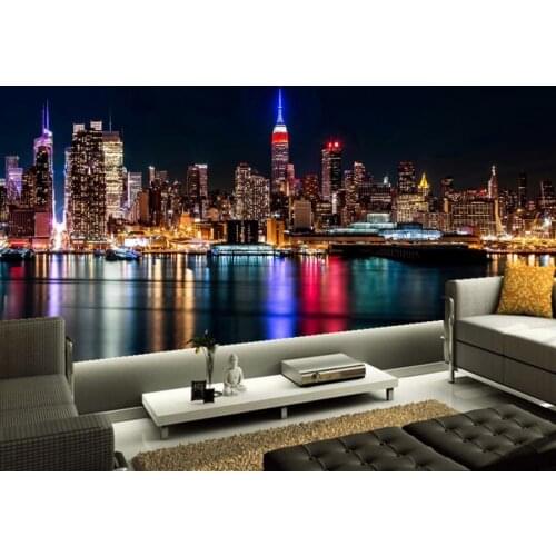 Custom 3d murals, Manhattan skyscrapers seaview lights at night papel de parede, living room TV wall bedroom modern wallpaper