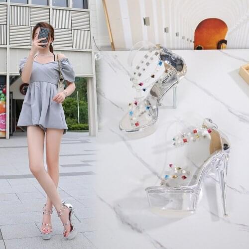 Brand Women Sandals Summer 14CM Thin High Heels PVC Transparent Platform Colored Diamonds High Heels Girls Party Women Shoes