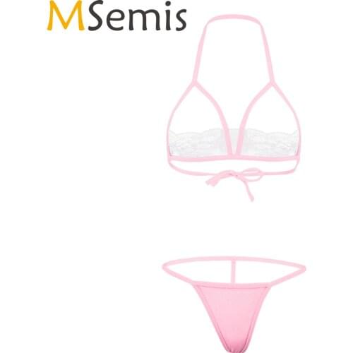 Women See-through Lace Lingerie Suit Halter Lace-up Bikini Set Ladies Hallow Out Bra with Mesh G-string Briefs Exotic Sets
