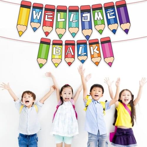 Kids School Welcome Back To School Theme Party Design Paper WELCOME BACK Letter Hanging Banners Flags Students Hanging Bunting