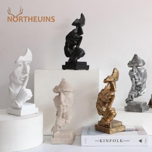 NORTHEUINS Resin 27cm Silence Is Gold Figurines Nordic Creative No Say Mask Statues For Interior Home Office Desktop Art Decor