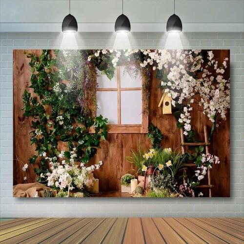 Newborn Wedding Photography Backdrop Wood house Floral Gress Cake smash Background Blue balloon child Decor Banner