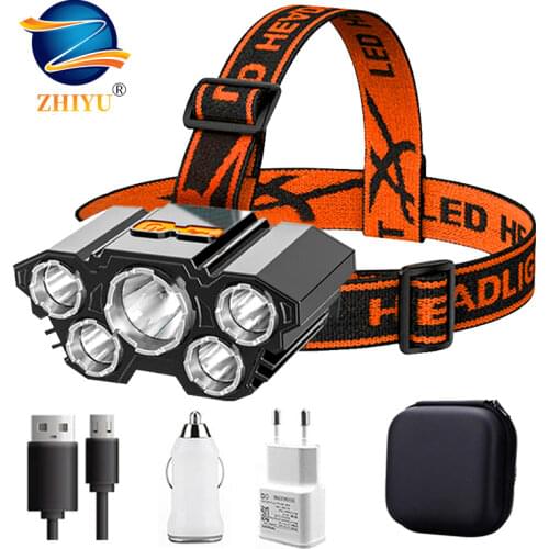 Usb Rechargeable Built-in Battery 5 Led Strong Headlight Super Bright Head-Mounted Flashlight Outdoor Rechargeable Night Fishing