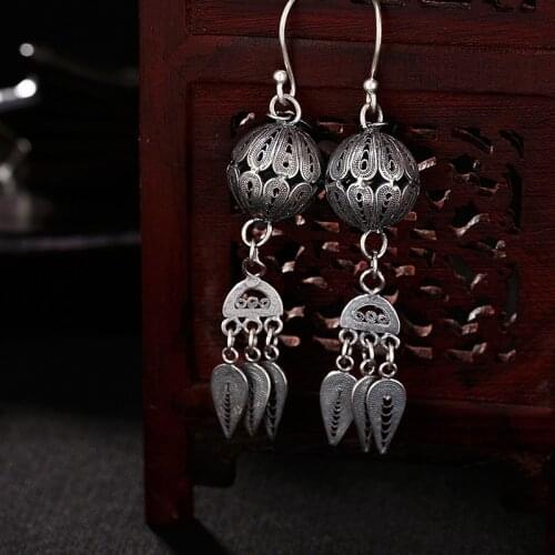 Foot silver retro dumb light to make old hand-stitched silk ladys high-end 100-set pure silver ear pendant earrings