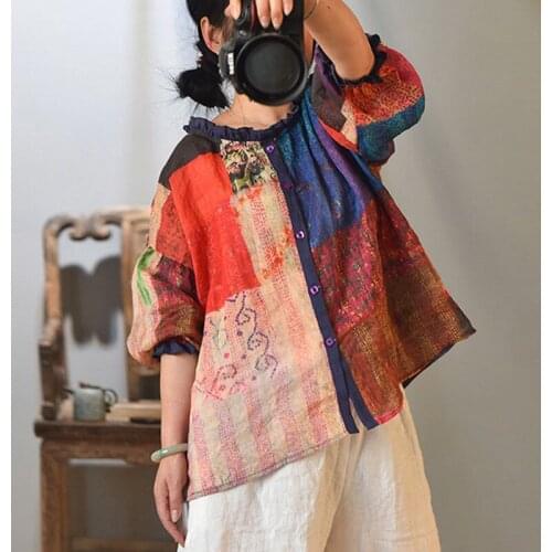 Johnature Vintage High Quality Women Ramie Shirts Summer Print Floral Blouses 2021 New Puff Sleeve 4 Color Button Loose Shirts