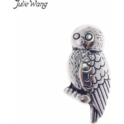 Julie Wang 30pcs Wholesale Vivid Owl Bird Bead Tibetan Silver Color Metal Jewelry Finding Handmade Bracelet Earring Accessory