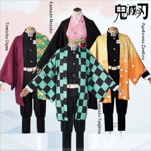 Anime Demon Slayer Kimetsu No Yaiba Zenitsu Giyu Tanjirou Kamado Nezuko Kimono Uniform Cosplay Costume Women Kids Men Wig child