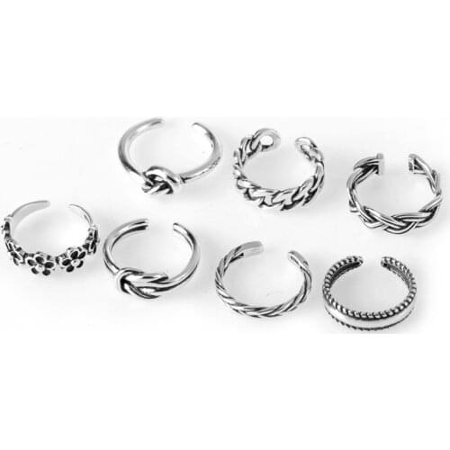 7 PCS Adjustable Rings Kit New Punk Style Retro Simple Lovely Knotted Chain Opening Ring Toe Rings for Women and Men